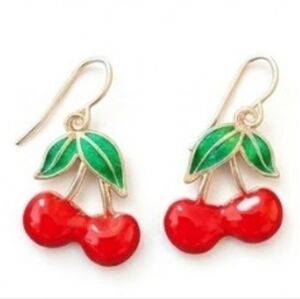 Cute Cherry Earrings Red Fruit Dangle Gold Tone Kawaii Aesthetic Jewelry Gift
